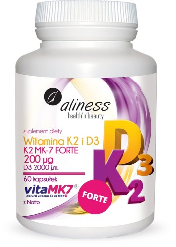 Aliness - Naturalna Witamina K2 FORTE MK-7 200 µg z Natto + D3 60 kapsułek be-effective