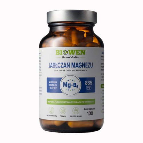 Biowen - Jabłczan magnezu 835 mg z witaminą B6 (P-5-P) - 100 kapsułek  be-effective