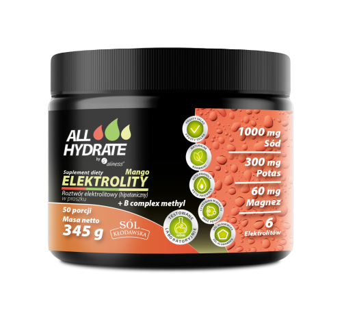 ALLHydrate - Elektrolity Mango + B complex methyl 345g, 50 porcji be-effective
