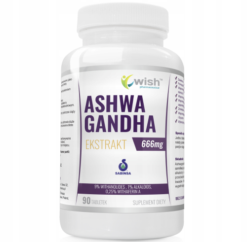 Wish Pharmaceutical - ASHWAGANDHA 666 mg MOCNA NA Stres Zmęczenie 9% WITHANOLIDES - 90 tabletek  be-effective