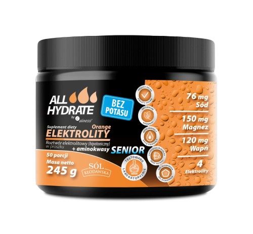 ALLHydrate - Elektrolity Senior - smak pomarańczowy + aminokwasy BEZ POTASU 245 g (50 porcji) be-effective