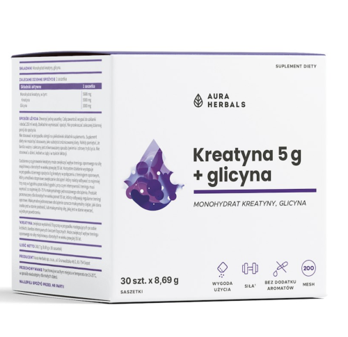 Aura Herbals - Kreatyna 5 g, monohydrat + glicyna, saszetki 30 szt. be-effective