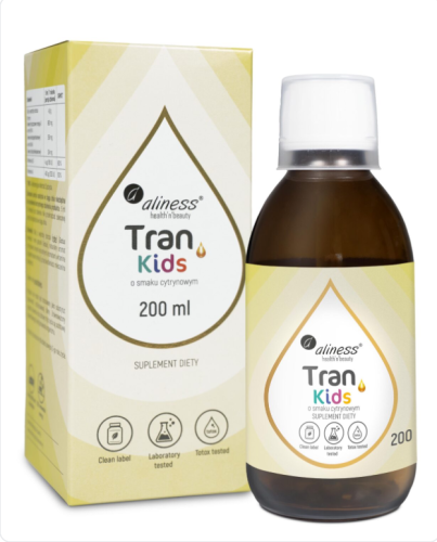 Aliness - Tran (olej z dorsza) KIDS + Wit. A 400 µg, 200 ml o smaku cytrynowym be-effective