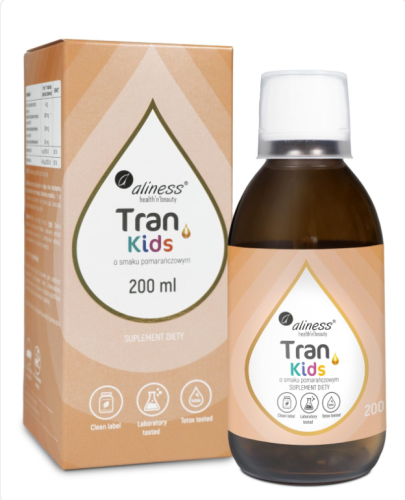 Aliness - Tran (olej z dorsza) KIDS + Wit. A 400 µg, 200 ml o smaku pomarańczowym be-effective