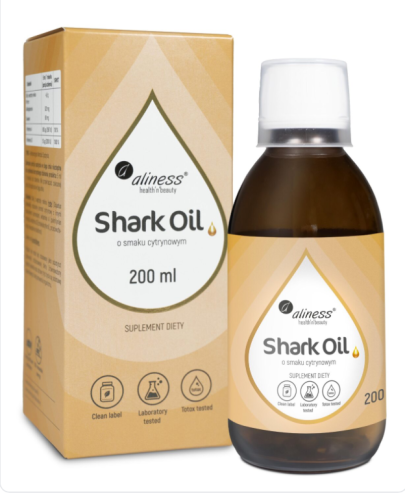 Aliness - Shark Oil (olej z wątroby rekina) + Wit. A, Wit. D3, 200 ml o smaku cytrynowym  be-effective