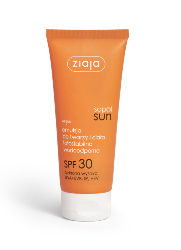 ZIAJA - SOPOT SUN Emulsja do twarzy i ciała fotostabilna wodoodporna SPF 30 ochrona wysoka UVA+UVB, IR, HEV 100ml. be-effective