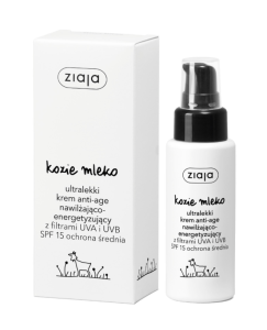 ZIAJA - KOZIE MLEKO ultralekki krem anti-age nawilżająco- energetyzujący z filtrami UVA i UVB SPF 15 ochrona średnia 50 ml.