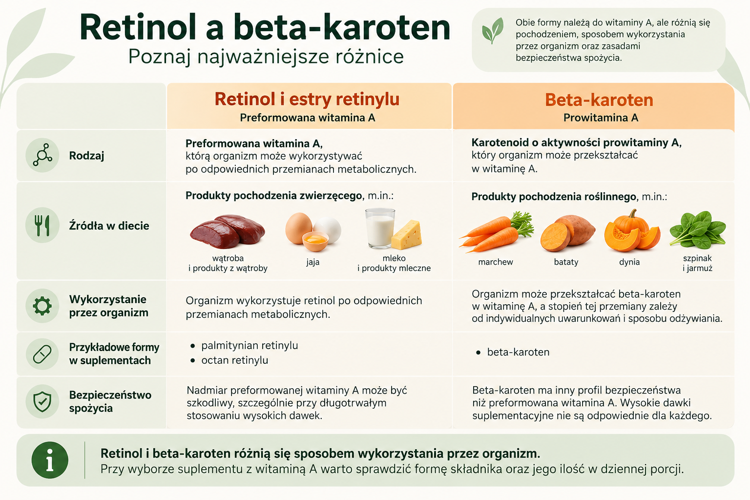 Infografika porównująca retinol i beta-karoten pod względem źródeł w diecie, wykorzystania przez organizm i bezpieczeństwa spożycia