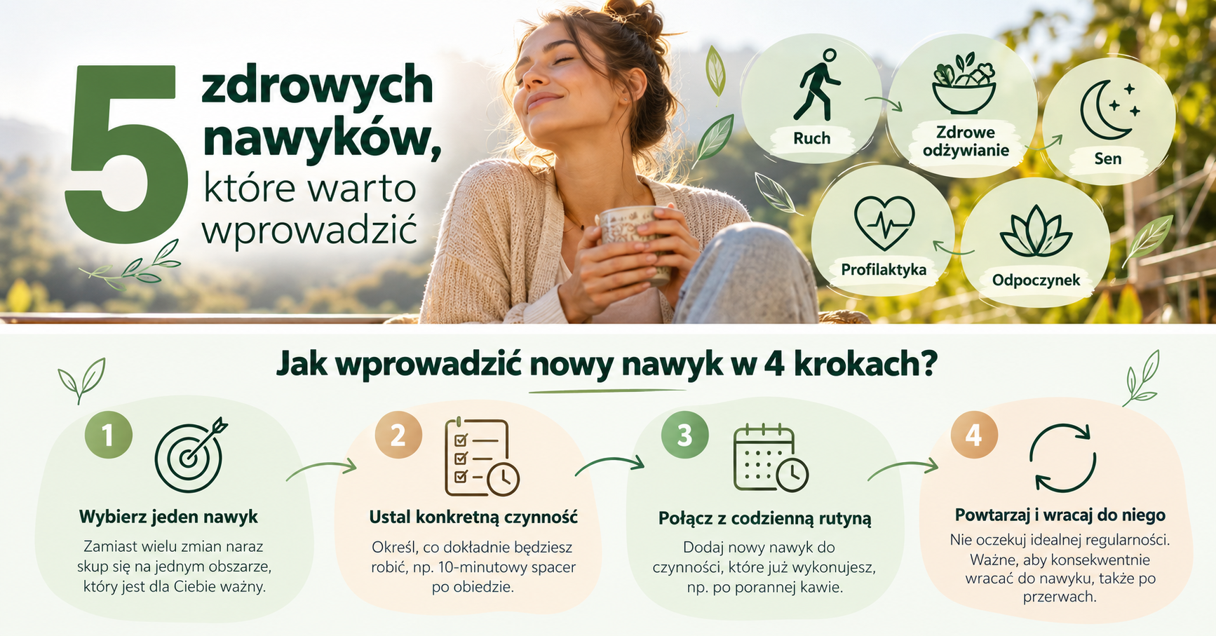 Infografika przedstawiająca cztery kroki pomagające wprowadzać zdrowe nawyki do codziennego życia