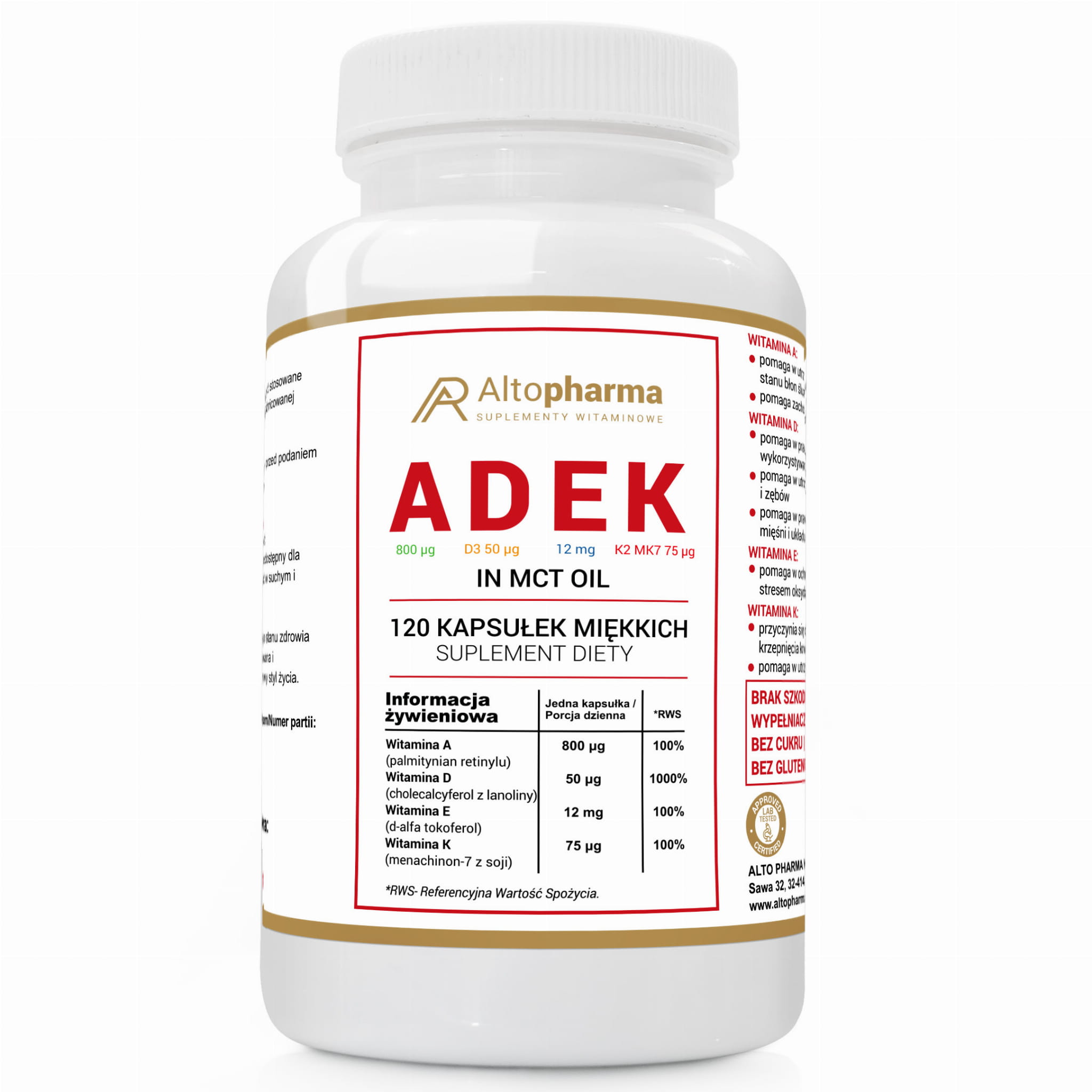 Витамины A, D3, E, K2 Altopharma ADEK Forte, в масле MCT, 120 мягких капсул