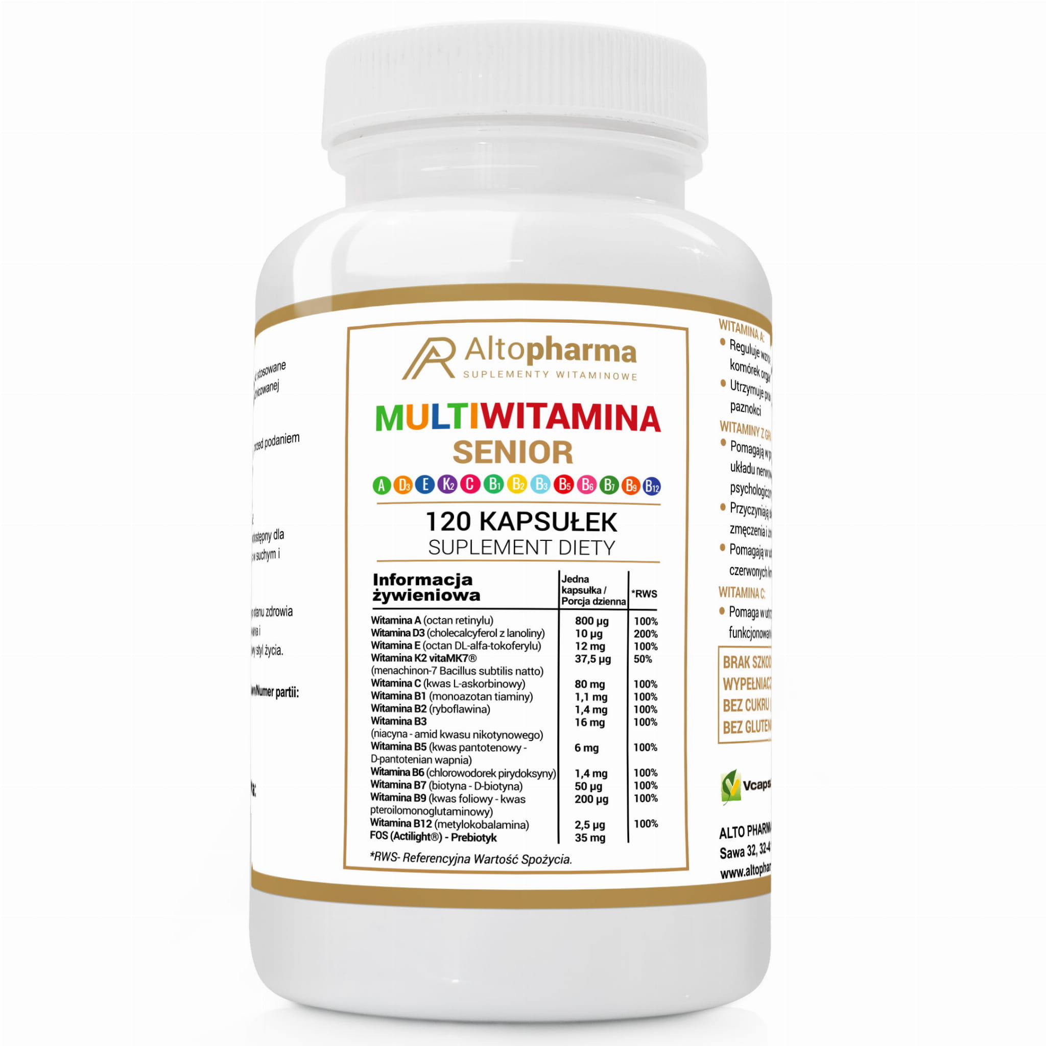 Мультивитамины для пожилых Altopharma, витамины A, D3, E, K2, C и группы B, 120 капсул