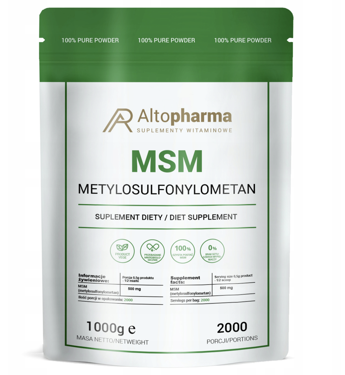 MSM Altopharma 500 мг, органическая сера, для суставов и костей, порошок, 1000 г