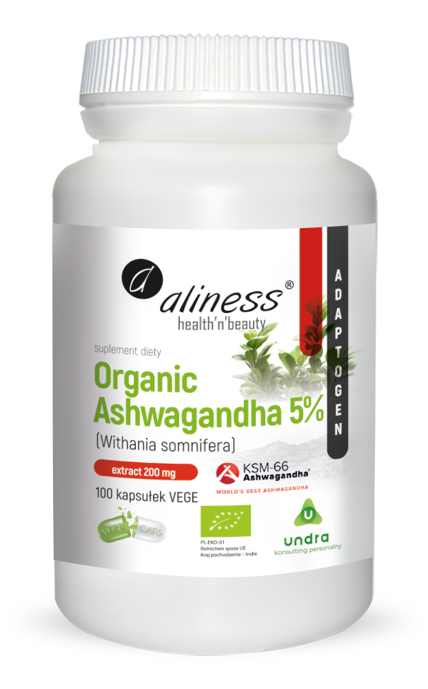 Ашваганда Aliness Organic Ashwagandha KSM-66 200 мг, 5% витанолидов, 100 капсул