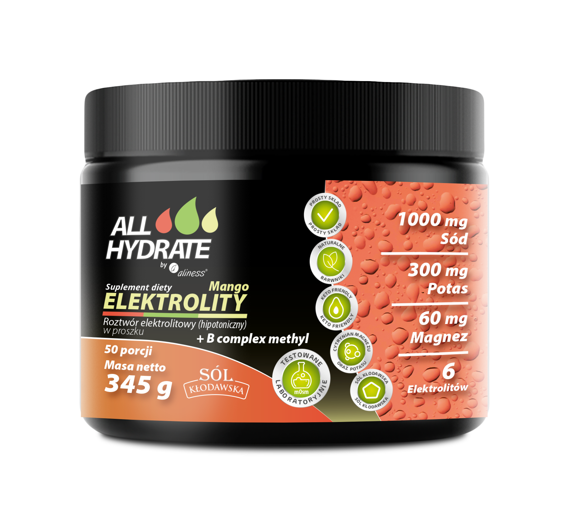 Электролиты Aliness AllHydrate, с витаминами группы B, порошок, манго, 345 г