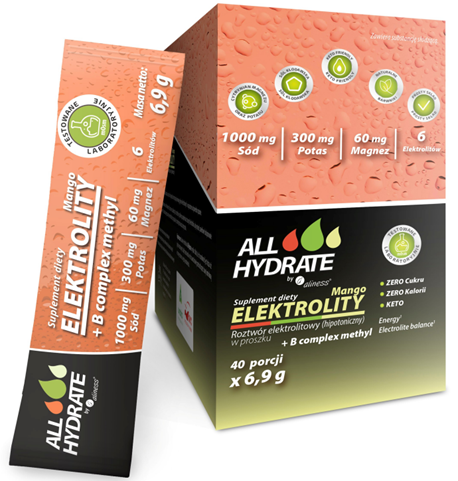 Электролиты Aliness AllHydrate с витаминами группы B, манго, 40 саше по 6,9 г