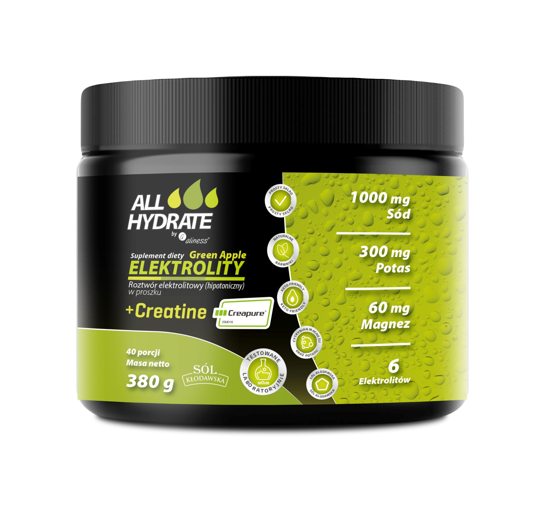 Электролиты с креатином Aliness ALLHydrate + Creatine, Creapure, зелёное яблоко, 380 г